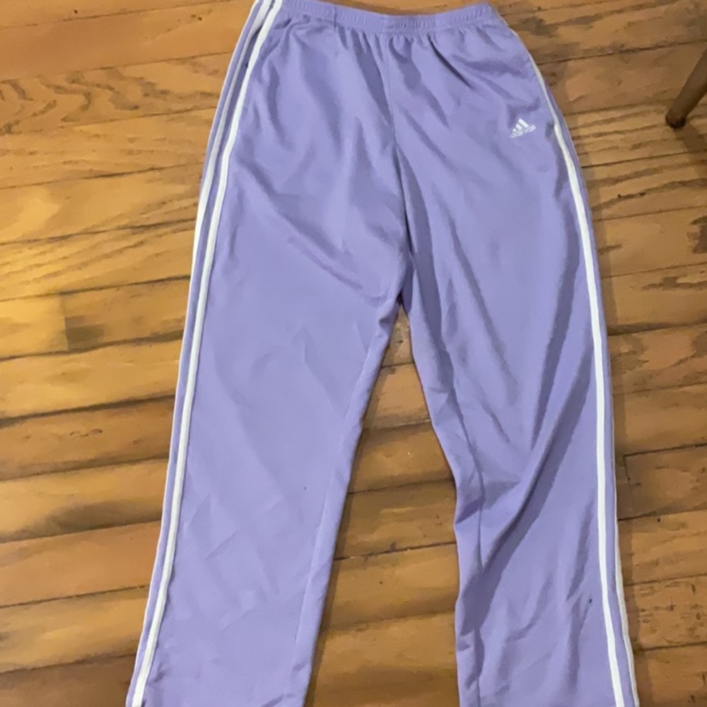 Adidas Purple and White Sweatpants with Signature Stripes